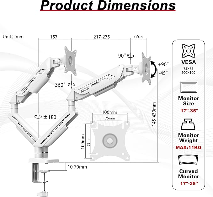 Dual Monitor Arm for 17-35" Screens up to 24.2 lbs, Ergonomic Gas Spring Monitor Stand with Height Adjust, Tilt, Swivel & Cable Management, VESA Desk Mount with 2 Types of Installation, White