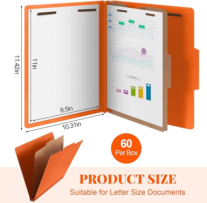 Skyygemm 60 Pcs Classification Folders Letter Size, 1 Divider Pressboard File Folder with Fasteners, Expanding Tax File Organizer Bulk for Teachers, Office, Church, Christmas Donations (Orange)