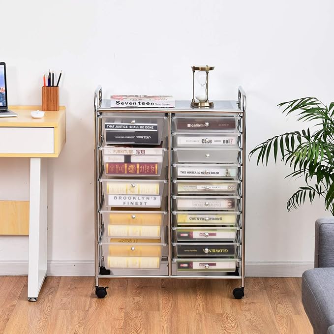 ARLIME 15 Drawer Rolling Storage Cart, Rolling Organizer Cart, Scrapbook Paper Organizer, Suitable for Office and School, Office Storage Tools on Wheels (Clear)
