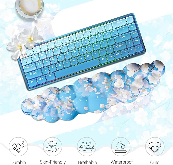 JIKIOU Cloud Wrist Rest Keyboard, Cloud Keyboard Wrist Pad Set with Comfortable Cloth, Cute Arm Rest for Palm Support, PC/Gaming Desk Accessories/Office Setup/Computer Hand Cushion Sakura