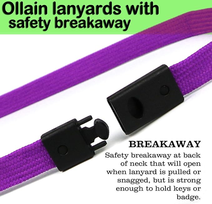 Safety Breakaway Lanyard with J-Hook Flat Lanyards for ID Badges - Bulk Pack of 50 (Purple)