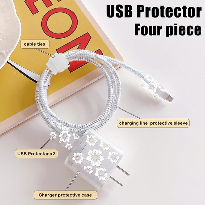 Cute Flowers DIY Protectors Cable Protector for iPhone Charger,Elegant White Camellia Pattern,Data Cable USB Charger Data Line Earphone Wire Saver for iPhone X 13 12 11 Pro Max