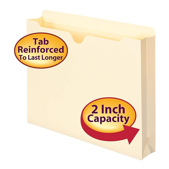 Smead File Jackets Letter Size for File Folders, Reinforced Straight-Cut Tab, 2" Expansion, Letter Size, Manila, 100 Per Box (75565)