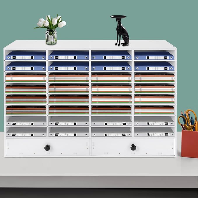 DYRABREST 32 Slot Literature Organizer Adjustable Desktop File Sorter with 2 Drawers, Stackable Office Mail Sorter 32 Compartments Magazine Holder Paper Storage Cabinet for Office Home School