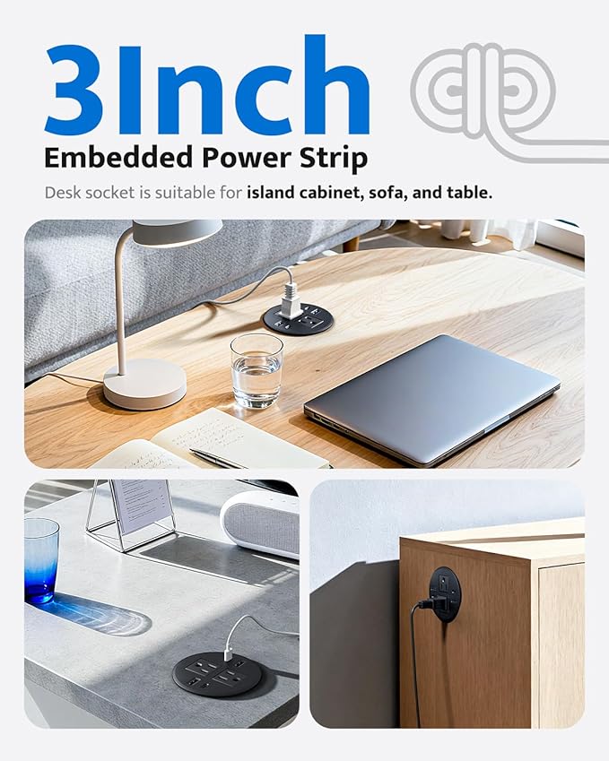 3 inch Recessed Power Grommet with AC Outlets, 20W USB C Fast Charging Conference Recessed Outlet, 40W Total, Flush Mount for Desk,Office Tables,Furniture, 4 USB Ports, Black