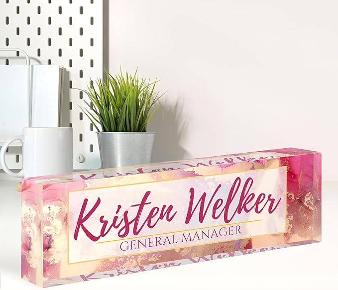 Name Plate for Desk, Desk Name Plate Personalized, Office Decor for Women Men, Acrylic Desktop Accessories, Office Appreciation Gifts for Boss Social Workers Nurse Teacher Employee (Pink/Gold)