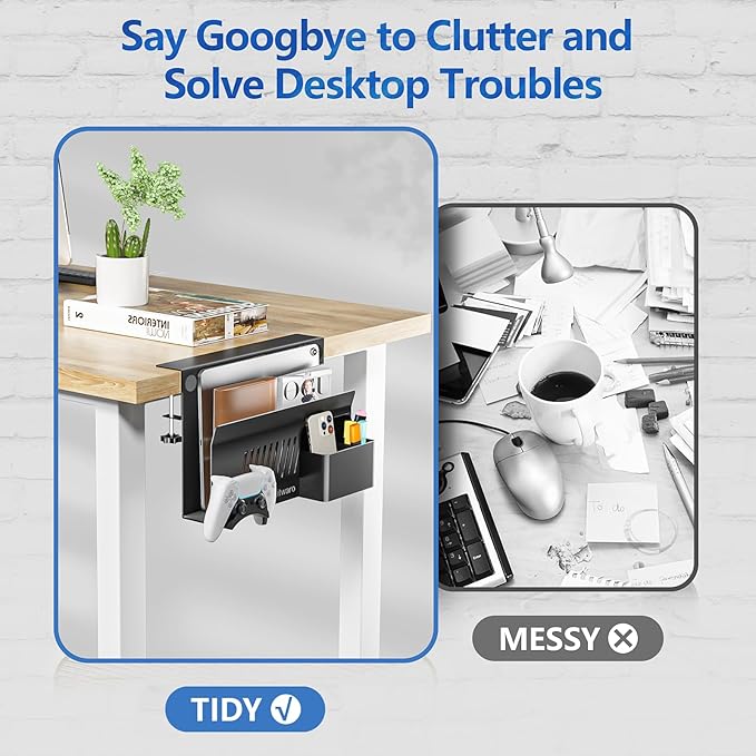 Litwaro Desk Side Storage, No Drill Laptop Holder with Magnetic Pen Holder, Clamp on Laptop Mount with Sticky Headphone Stand, Hanging Organizer for Office, Fits Flat Table Edge 0.4" to 2" (Black)