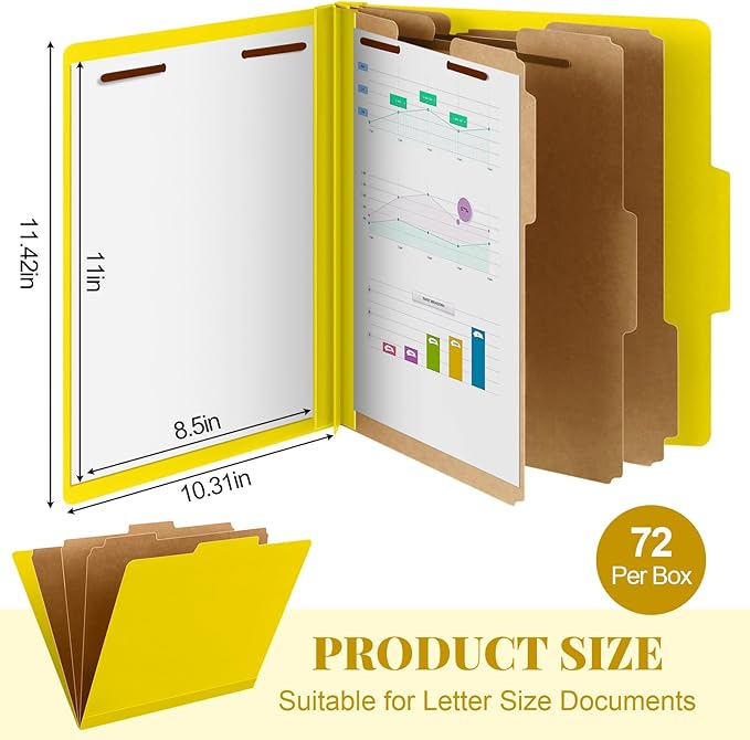 Skyygemm 72 Pcs Classification Folders Letter Size, 3 Divider Pressboard File Folder with Fasteners, Expanding File Organizer Bulk for Teachers, Clergy, Office, Church, Christmas Donations (Yellow)