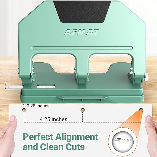 AFMAT 3 Hole Punch, 9/32" Holes, 40-Sheet 3 Hole Puncher for Binder, 50% Reduced Effort, Metal Heavy Duty Three Hole Punch w/ 10,000+ Uses, Bulit-in S.S. Paper Guide, Large Chip Tray, Green, HPX3