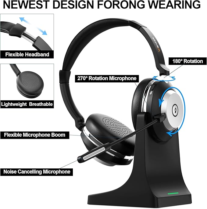 Wantek Wireless Headset with Microphone for Work,Bluetooth Headset with AI Noise Cancelling Mic,Mute Button,USB Dongle & Charging Base with Laptop,Computer,Cell Phone,Remote Work,Call Center
