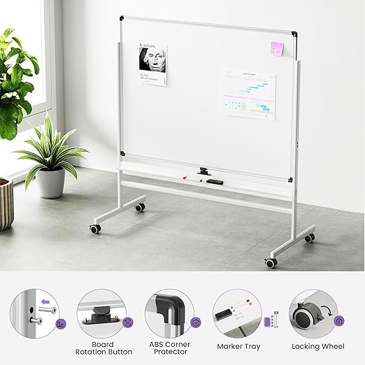 VUSIGN Rolling Dry Erase Board, 48 x 36 Inches Double-Side White Board on Wheels, Height Adjust Mobile White Boards, Large Portable Whiteboard with Stand for Office, Classroom & Home