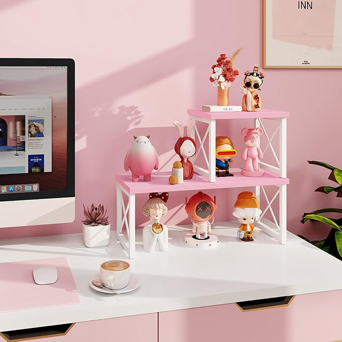 ELITEROO Desktop Shelf, 2 Tier Independent Stackable Desk Stand, Adjustable Freestanding Table Top Mini Bookshelf, Aesthetic Storage Organizers for Women/Girls/Daughter, Pink