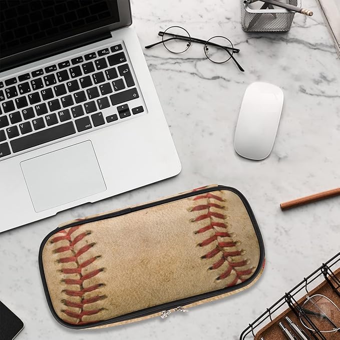 Pardick Sport Big Capacity Pencil Pen Case Old Baseball Large Pencil Pouch with Zipper Compartments Pencil Bag for Boys Girls Adults Student Office School Supplies