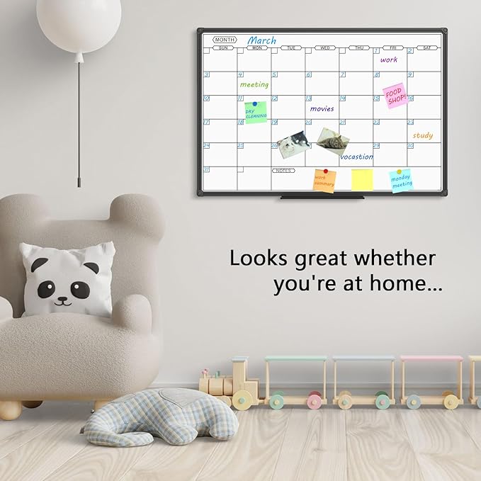 JILoffice Dry Erase Calendar Whiteboard - Magnetic White Board Calendar Monthly 36 X 24 Inch, Black Aluminum Frame Wall Mounted Board for Office Home and School