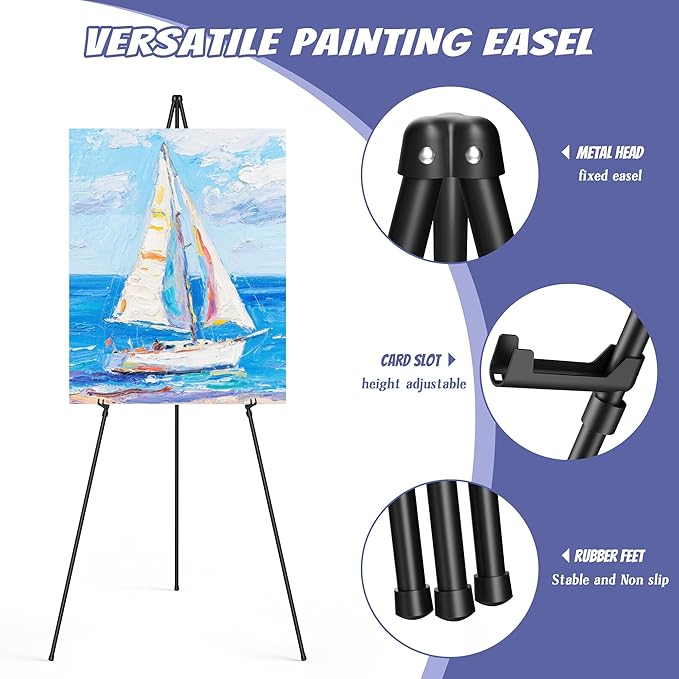 Thicken Display Artist Easel Stands - 63" Instant Tripod Collapsible Portable Floor Easels - Easy Folding Adjustable Art Poster Metal Stands for Display Show, Wedding, Painting - Black 3 Pack