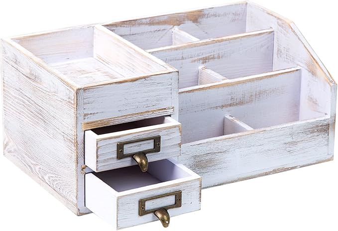 Distressed Rustic Wooden Office Desktop Organizer Shelf Tabletop Home Organizer Storage with Multiple Compartments 2 Tier Drawers perfect Jewelry storage Display Box for Desk Vanity (Washed white)
