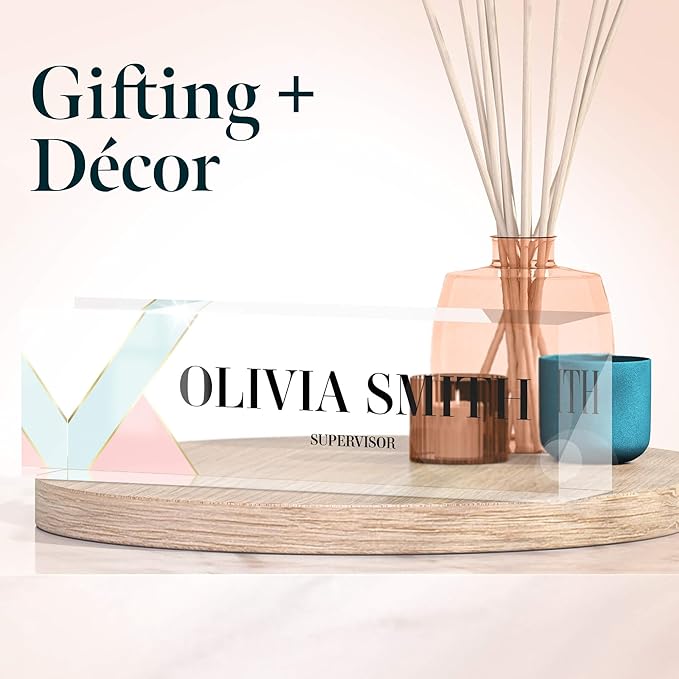 Desk Name Plate Personalized, Custom Name Plates 2½/x8 Inches, Thick Crystal-Clear Acrylic, Gift Box, Office Desk Decor. USA Made by ACRYLUXE (Delicate)