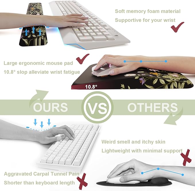 Ospelelf Ergonomic Keyboard Wrist Rest and Large Mousepad with Wrist Rest Support for Computer, Gaming, Flower