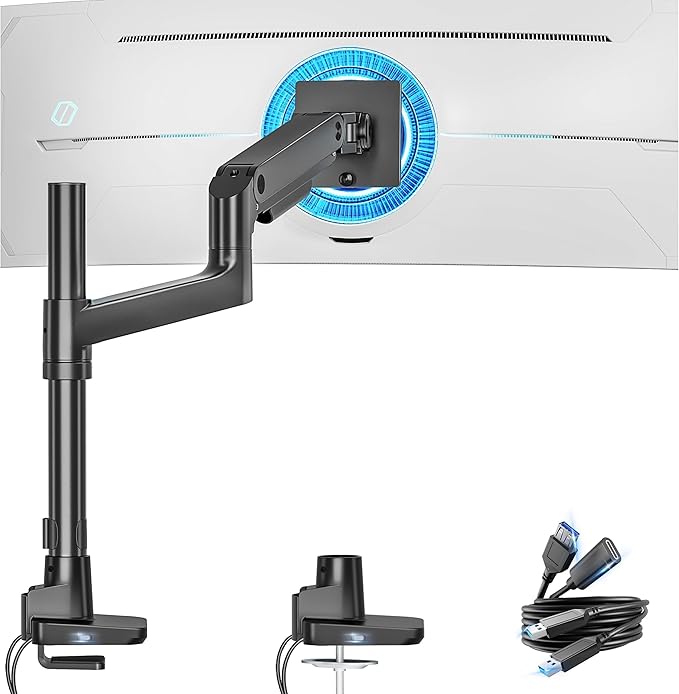 ARES WING Heavy Duty Monitor Arm with USB A/C, Tall Ultrawide Monitor Arm for 17 to 49 Inch Screen, Holds 44 Lbs, Adjustable Gas Spring Desk Mount, Black