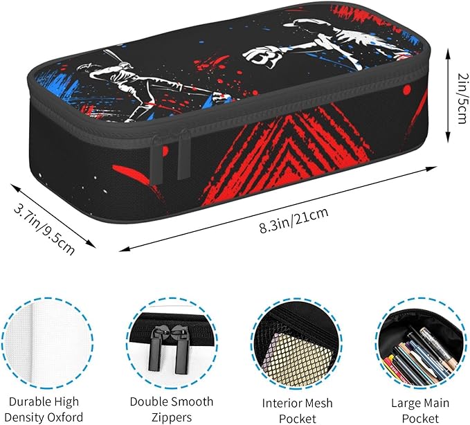 Sports Style Black Pencil Box with Playing Baseball Boys Pattern, Cool Baseball Themed Pen Case Holder Pouch Pencil Bag with Zippers Stationery Organizer Bag Purse for Sports Lovers Office Supplies