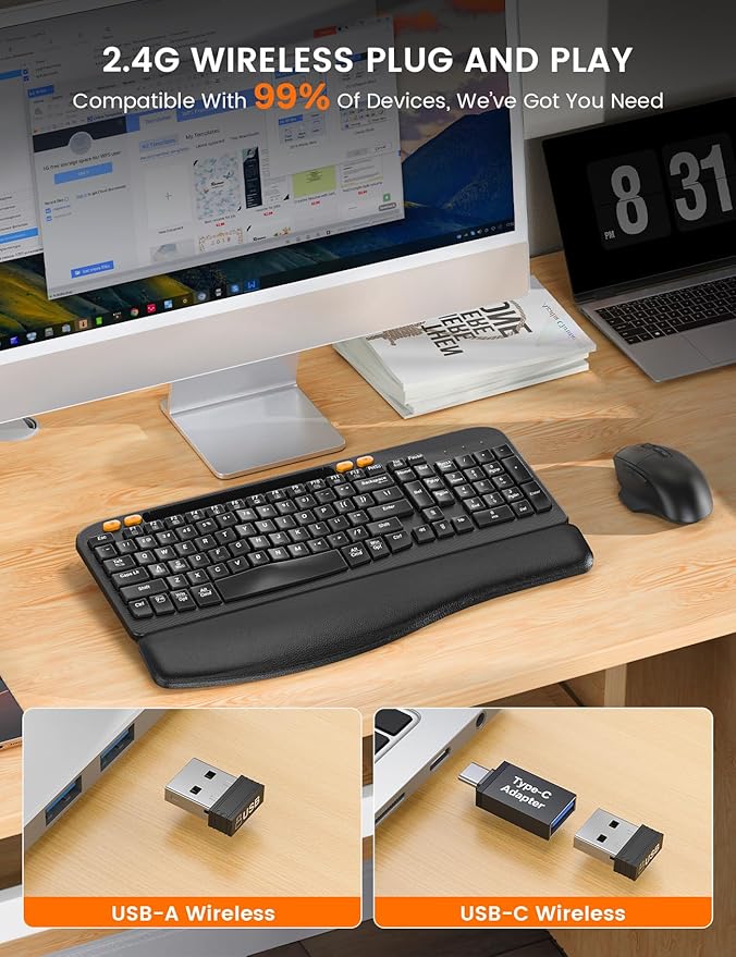 Wireless Keyboard and Mouse Combo, Ergonomic Wave Keys, Cushioned Palm Rest, Rechargeable, Phone Holder, Natural Typing, 2.4G Lag-Free, Full Size Keyboards Cordless Set for Windows/Mac -SABLUTE