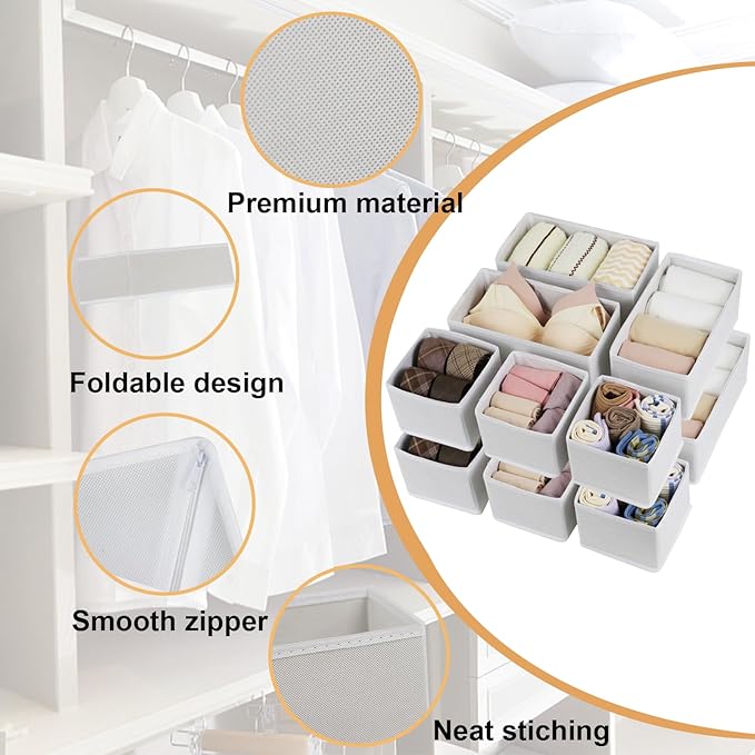 Drawer Organizer Clothes, Foldable Fabric Dresser Organizer Closet Organizers and Storage Box for Underwear,Folded Clothes,Baby Clothing,Socks,Bra,Towels,Ties(6M+6S,White)