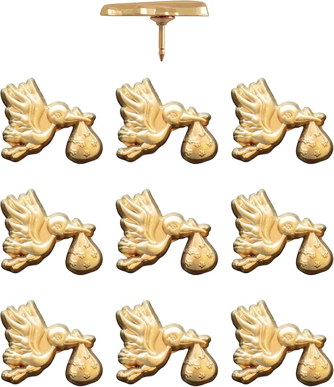 Stork Carrying Baby Map Pins - Gold Stork Pins for Cork Boards, Maps, or Lapel Use - Designed in USA - Set of 10