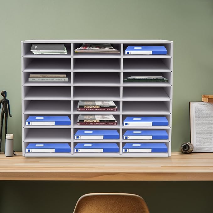 24 Slot Paper Organizer 24 Compartment Classroom Mailbox Adjustable Mail Sorter Desktop File Sorter, Paper Trays for Classroom, Office, Home (White)