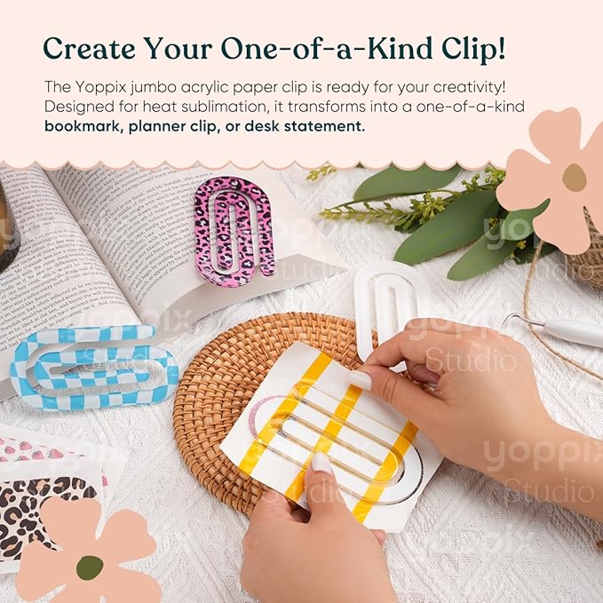 YOPPIX 30 Pack Sublimation Paper Clips Blanks, 20pcs 3.7"x1.9" + 10pcs 3"x1.5" Clear Acrylic Jumbo Clips for Heat Transfer, DIY Crafts, Office School Supplies, Customizable Gift Ideas