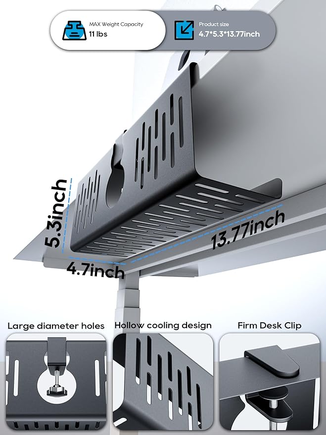 NODOCA No Drill Under Desk Cable Management Tray, 14'' Wire Management, Punch-Free Clamp on, Metal Cable Tray, Wire Organizer Under Desk, Under Desk Basket for Office and Home, Black