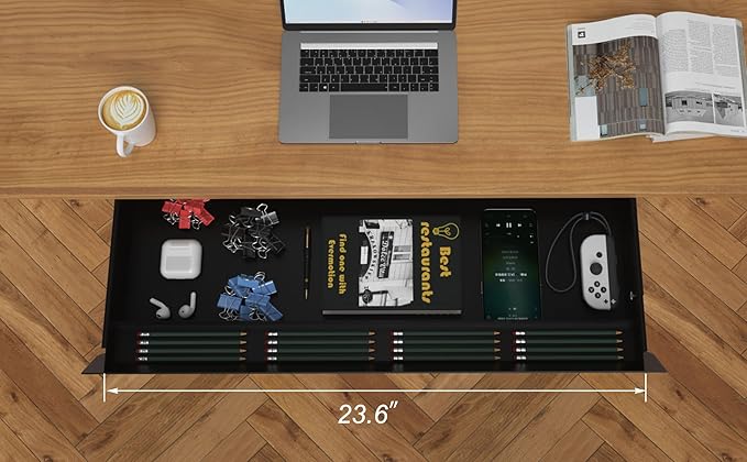 Large Under Desk Mounted Sliding Drawer with Pencil Tray and 60 Degree Tilt Panel to Pull Out, 26'' Long & 13'' deep Large Storage Organizer for Sit Stand Workstation