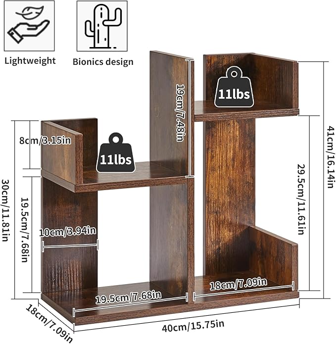Book Display Shelf Small Desk Organizer, Desk Top Storage Organizer, Cookbook Storage Kitchen Counter Shelf, Tabletop Plant Shelf Stand Rustic Brown YD-DSR002H