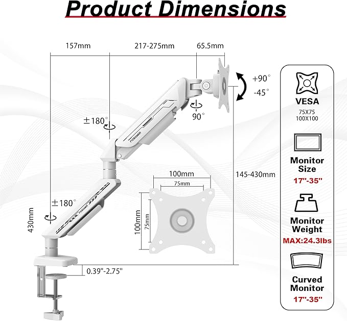 Monitor Arm for 17-35" Screens up to 24.2 lbs, Ergonomic Gas Spring Monitor Stand with Height Adjust, Tilt, Swivel & Cable Management, VESA Desk Mount with 2 Types of Installation, White