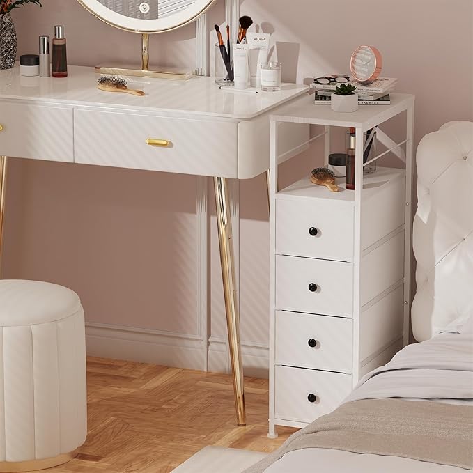 YBING Narrow Dresser for Bedroom, Slim Side Table with Drawer, Dresser Storage Cabinet with 4 Fabric Drawers, Chest of Drawers for Small Space, White