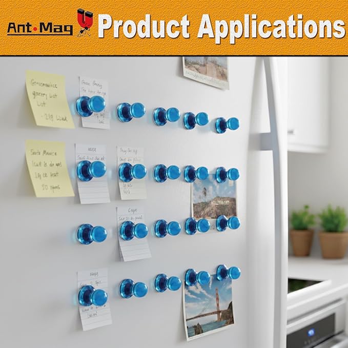 Ant Mag Magnetic Push Pins, 72 Pack Strong Whiteboard Magnets for Fridge, Maps, Office, Kitchen & Classroom Blue
