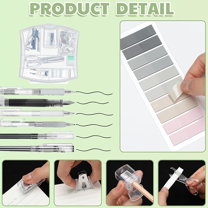 Colarr Mini Office Supply Kit Includes Stapler Tape Dispenser Staple Remover Paper Clips Scissor Staples Pen Sharpener Note Small Telescopic Knife for Office and School Clerk Student (Clear)