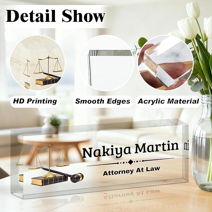 Ship Next Day-Custom Name Plate for Desk, Desk Name Plate Personalized, Acrylic Office Desk Accessories, Appreciation Gifts for Coworkers Employee Teachers Boss Women Men (Lawyer)