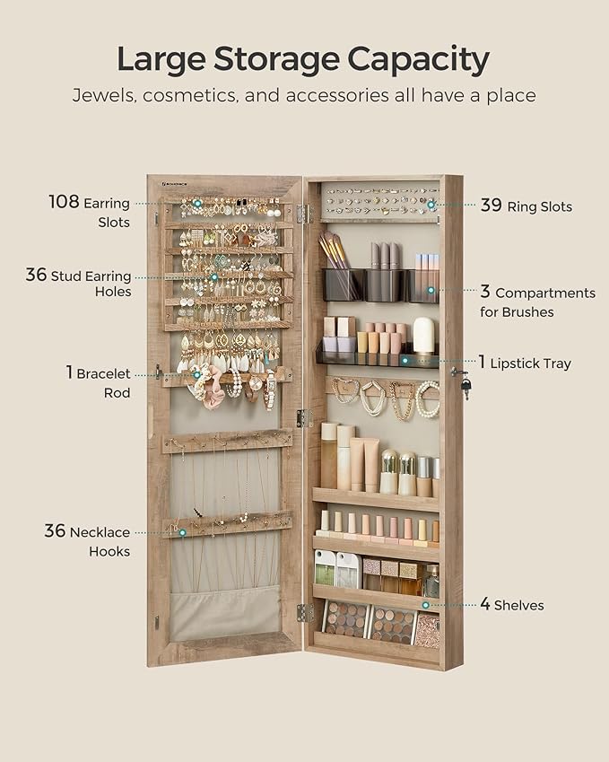 SONGMICS Mirror Jewelry Cabinet Armoire, Wall or Door Mounted Jewelry Storage Organizer, Hanging Lockable Frameless Mirror Cabinet with 2 Cosmetic Organizers, Gift Idea, Toasted Oak Color UJJC001N01