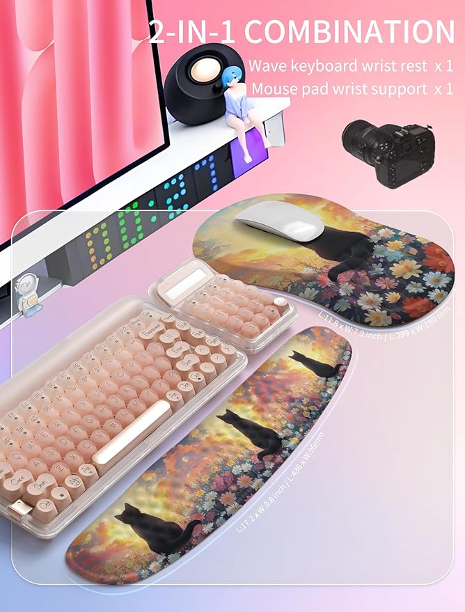 Hokafenle 2in1 Combination, Wave Keyboard Wrist Rest and Ergonomic Curvature Mouse Pad Wrist Support for Relieve Wrist Pain, Filled with Soft Cushion Memory Foam, Wishing Cat