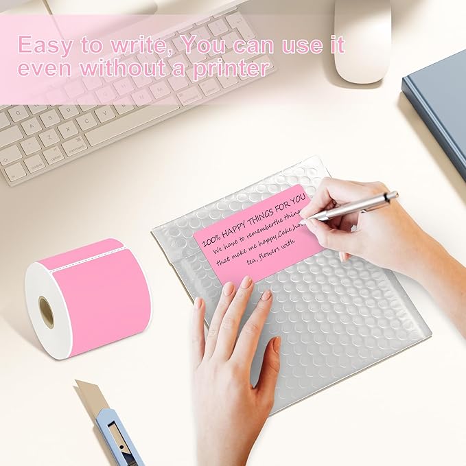 YOULAISHI 3 X 5 Inch Printable Waterproof Rectangle Color Coding Labels, 300 Per Roll Adhesive Color Coding Stickers for Bar-Codes, Address, Small Business Labeling, Inventory, Pink