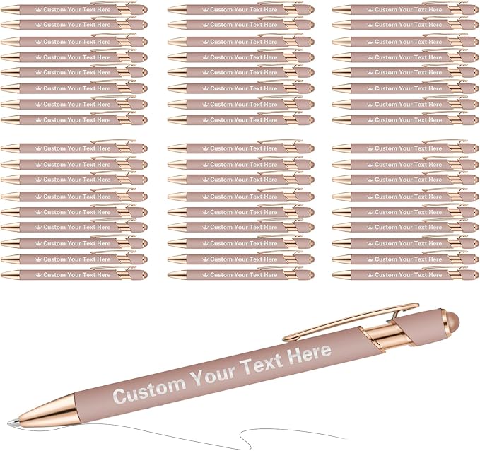 ENOMY 50 Pcs Bulk Personalized Custom Pens with Stylus Ballpoint Pens Customized with Text Logo Name Best Gift for College Business Promotion Wedding Birthday Christmas (Gold)