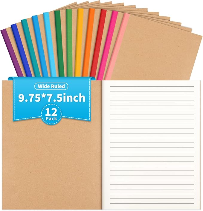 12 Pack Lined Notebook Journals Bulk, 7-1/2" x 9-3/4", Wide Ruled Paper, 30 Sheets/60 Pages, Kraft Cover with Rainbow Spines, 12 Colors Lined Composition Notebook Journal for Work Study Note Taking