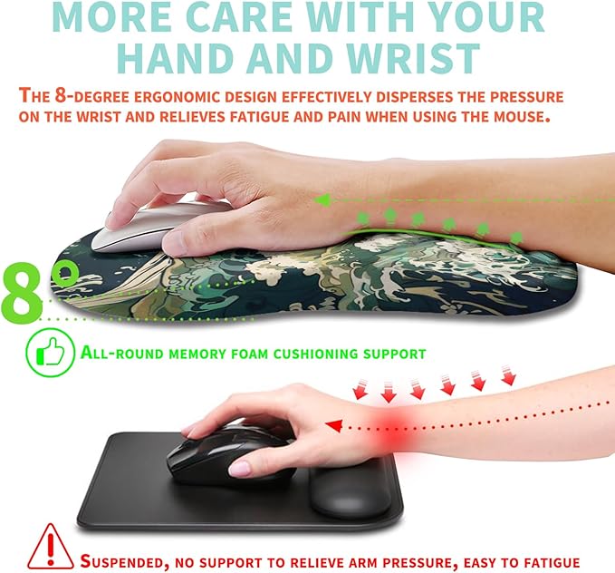 Ergonomic Mouse Pad Wrist Support with Memory Foam Massage Bulge, Carpal Tunnel Pain Relief Mousepad Wrist Rest for Mouse(12x8 inch, Sea Wave)