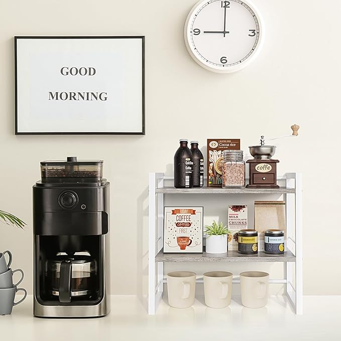 Office Desk Shelf Organizer, Wood Desktop Bookshelf Supplies Storage Rack, Shelf for Top of Desk and Dresser (Grey-2 Tier)