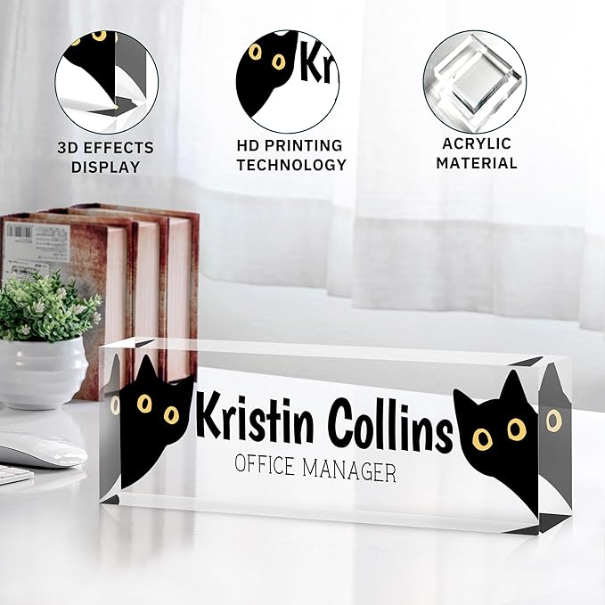 Custom Name Plate for Desk, Personalized Desk Name Plate on Clear Acrylic Glass, Appreciation Gifts for Teacher Employee Boss Coworkers Nurse, Desktop Office Accessories For Women (Black Yellow)