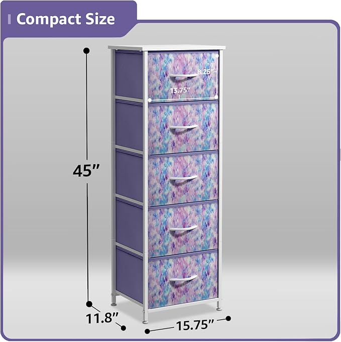 Sorbus Fabric Dresser for Kids Bedroom - Chest of 5 Drawers, Tall Storage Tower, Clothing Organizer, for Closet, for Playroom, for Nursery, Steel Frame, Fabric Bins - Wood Handle (Tie-dye Purple)