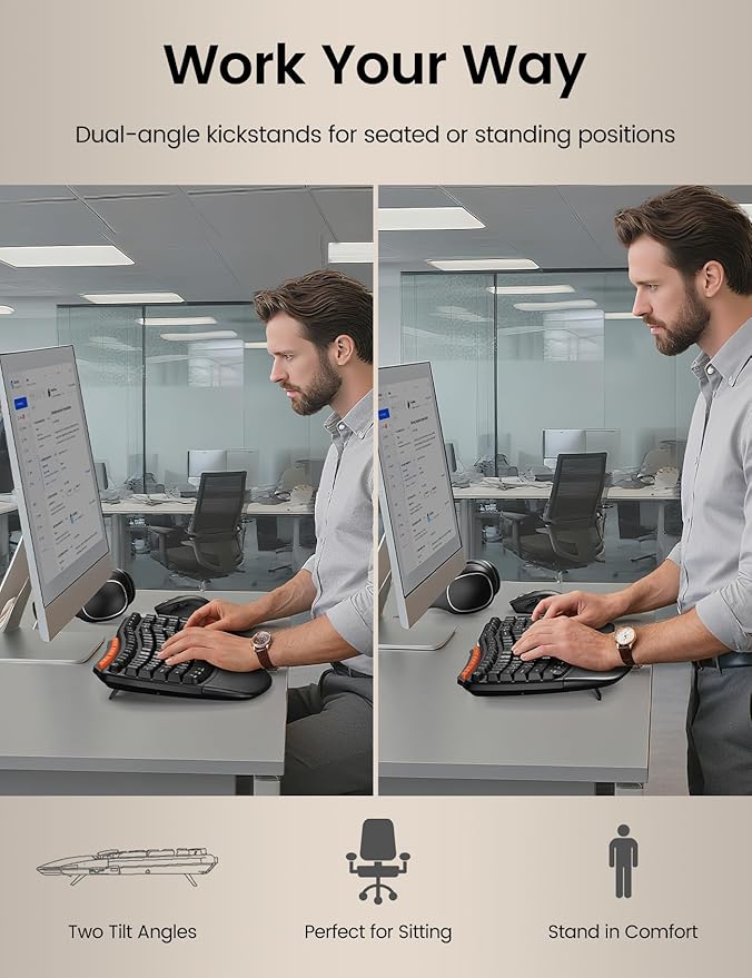 Ergonomic Wireless Keyboard and Mouse Combo, 2.4G Full Size Wave Key Board with Cushioned Palm Rest, Natural Typing, 3 DPI Adjustable Mouse, USB-A & C for Computer/Laptop/Mac/Tablet – Sablute