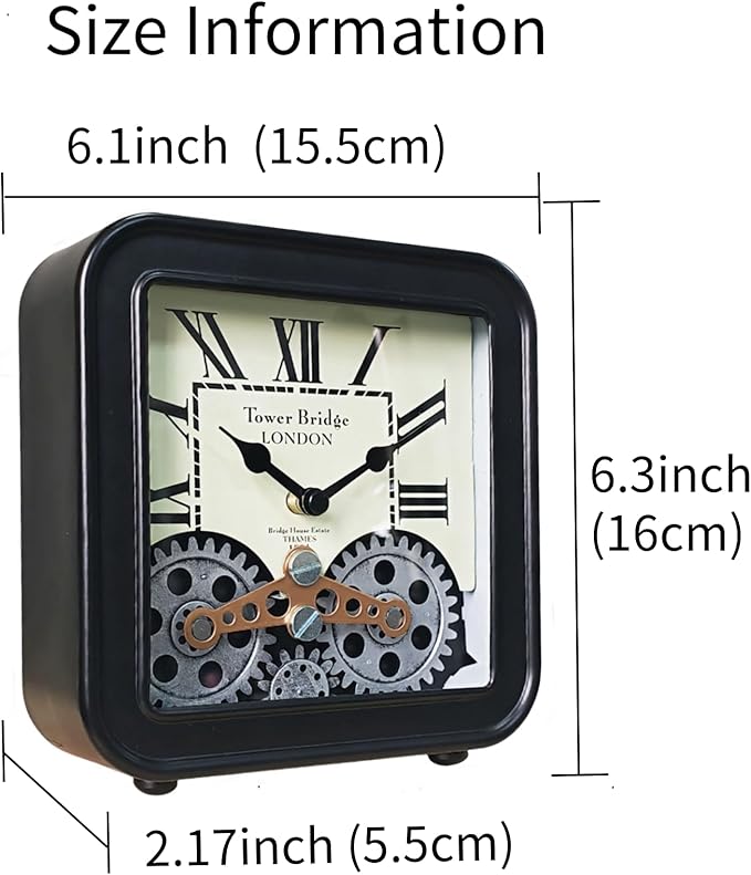 Vintage Desk Clock, 6 inch Metal Table Clocks with Moving Gears, Small Silent Non Ticking Industrial Steampunk Quartz Shelf Clock for Home Office Living Room Desk Decor Battery Operated（black）
