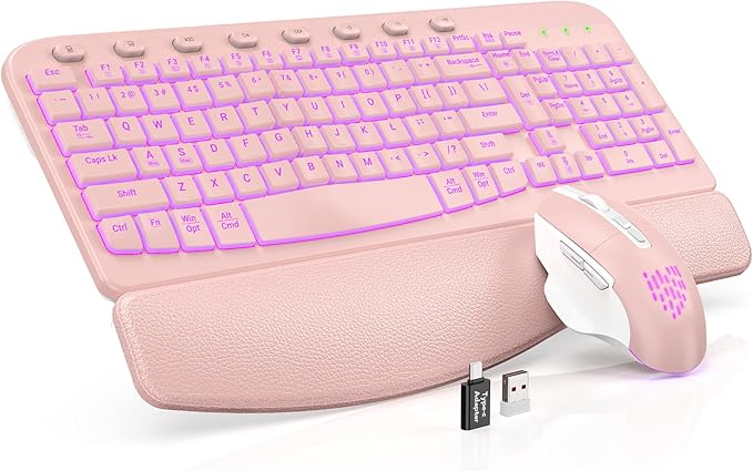 SABLUTE Ergonomic Wireless Keyboard and Mouse Combo - Wave Keyboard with Soft Leather Wrist Rest, Resistant Keys, RGB Backlit Rechargeable Set for PC/Mac/Chromebook (Black) (Pink)