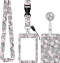 BLOCIT ID Badge Holder with Lanyard and Retractable Badge Reel Clip, Cute Card Name Tag Lanyard Vertical ID Protector Bage Clips for Nurse Doctor Teacher Student（Gray Pink Roses Flower）